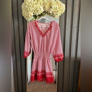 Red and White Patterned Dress with Tassels